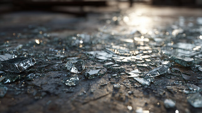 Shattered glass on a concrete surface, reflecting light and texture. The fragments create a sense of chaos and destruction