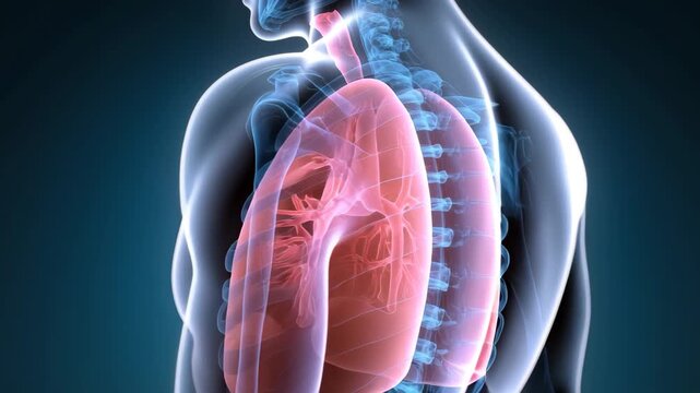 Medical animation showing diaphragm movement during breathing process in the human body