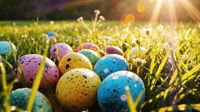 A closeup of vibrantly colored speckled eggs nestled in dewy green grass illuminated by bright golden sun rays from the upper right corner