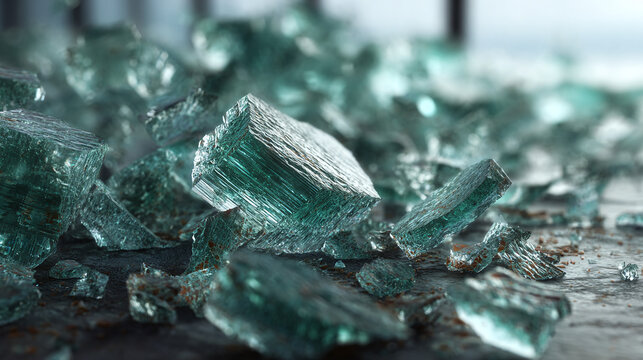 Shattered glass shards in turquoise colors, a symbol of destruction and hazard