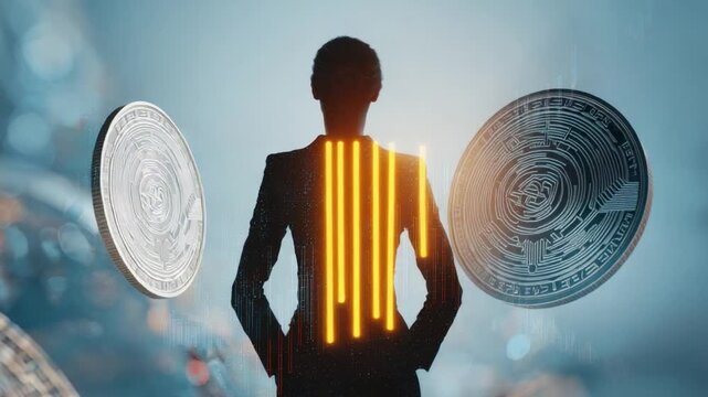 Financial Silhouette: A silhouette of a person stands centered, flanked by two gleaming coins, symbolizing financial acumen and wealth, against a backdrop of shimmering lights and an ethereal glow.