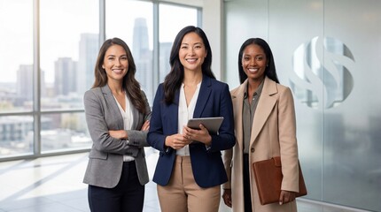 Obraz premium Three Diverse Businesswomen Smiling in Modern Office with City View.