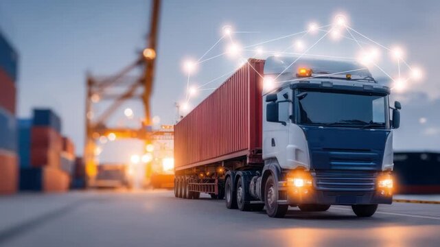 Shipping Truck Ready for Delivery: A large semi-truck, laden with a cargo container, stands poised for dispatch within a bustling shipping port. This image captures the essence of global trade.