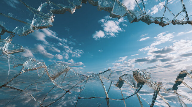 A shattered glass pane reveals a vivid blue sky with puffy clouds
