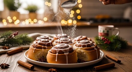 Obraz premium Delicious cinnamon rolls being sprinkled with sugar on a festive holiday table
