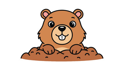 Fototapeta premium Kawaii groundhog peeking from a burrow for Groundhog Day seasonal marketing and professional children's nature education business assets.