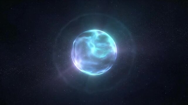 A luminous celestial orb glows with turquoise and violet light filled with swirling nebulous patterns set against a dark starfilled expanse of deep space