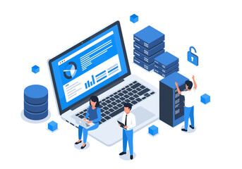 A collaborative team manages cloud servers and analyzes data on a giant laptop within a sleek, blue-toned isometric digital environment