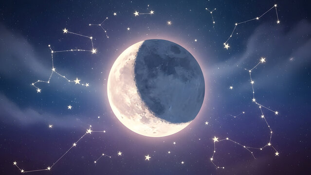 A realistic half moon surrounded by glowing star constellations and clouds in a dark blue night sky