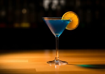 Blue cocktail drink with orange slice on a wooden bar table in a dark background with warm lighting