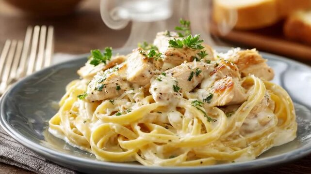 National Italian cuisine. Fettuccine spaghetti on a plate with chicken. Tasty meal in a restaurant
