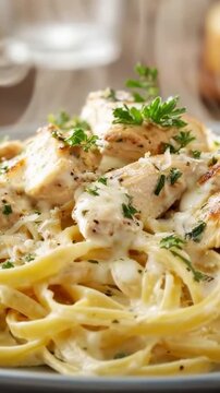 National Italian cuisine. Fettuccine spaghetti on a plate with chicken. Tasty meal in a restaurant