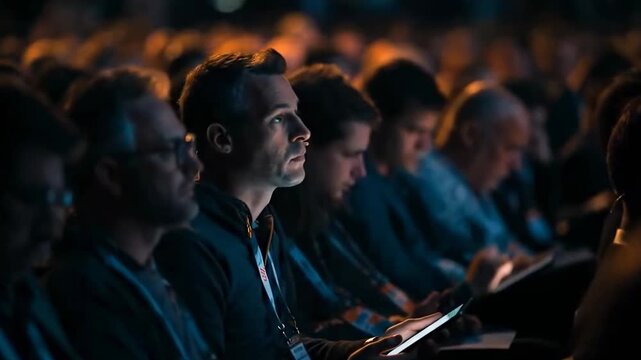 IT Specialist technology manager attends IT conference and makes notes about latest advances in technology for his corporate office