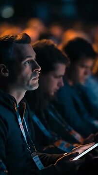 IT Specialist technology manager attends IT conference and makes notes about latest advances in technology for his corporate office