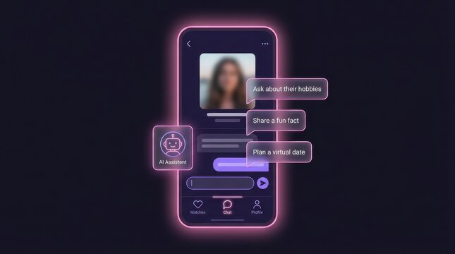 AI assistant dating app mobile phone chat interface neon glow virtual date message bubble online flirt romance modern technology Sleek mobile dating app interface features AI assistant chat with