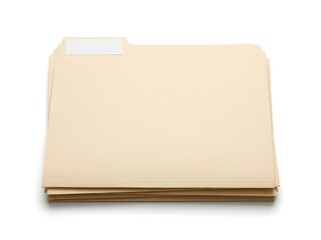 Stack of beige file folders with white tab on top folder.