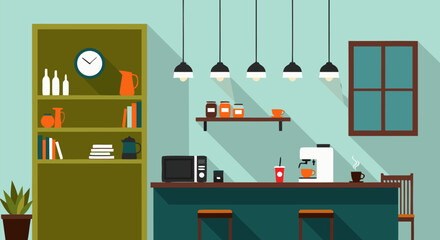 Modern kitchen interior vector illustration, cozy cafe design with coffee machine and bookshelves © PDWN Creative