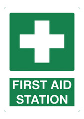 Fototapeta premium Green first aid station medical sign with white cross icon and bold typography on transparent background for healthcare facility use