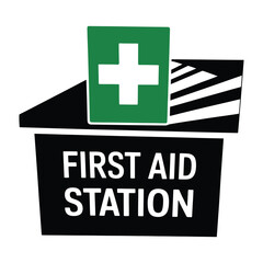 Obraz premium Black and green first aid station box sign with medical cross icon on transparent background for emergency safety equipment design