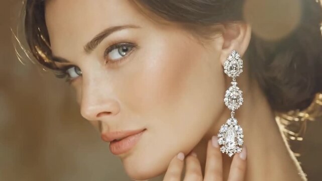 Attractive model demonstrate luxury brandname jewelry sets that shine. Diamond expensive earring on a beautiful model.