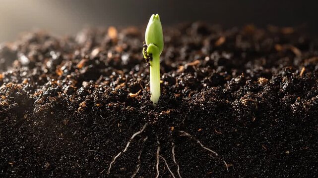Seedling sprouting in rich soil with roots growing.