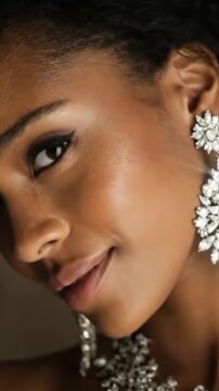 Attractive young black model demonstrate luxury brandname jewelry sets that shine. Diamond expensive earring on a beautiful model.