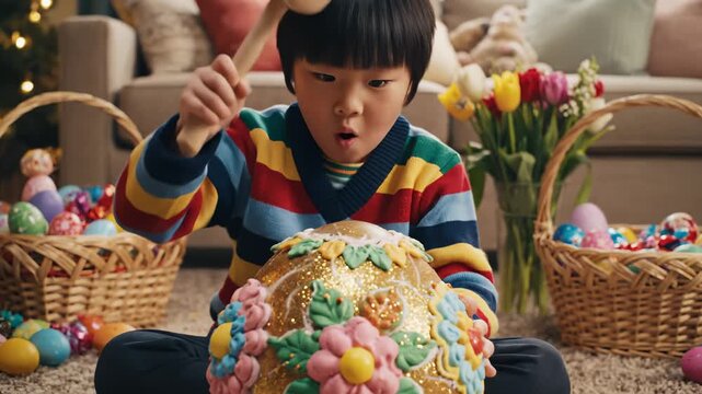Excited Child Cracking Open Giant Decorated Chocolate Easter Egg With Mallet