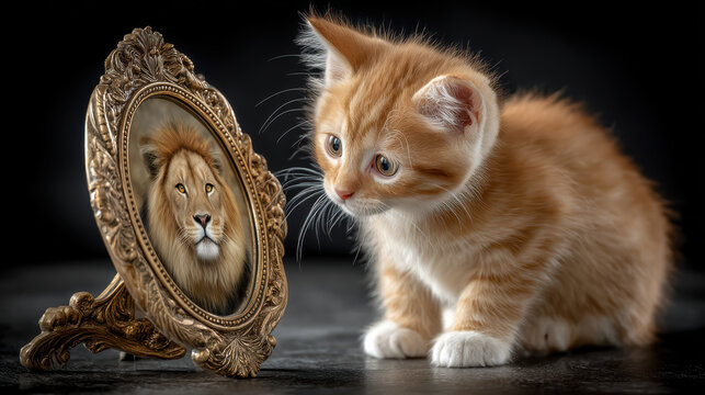 Cute kitten mirror lion reflection fantasy courage dream imagination animal pet
