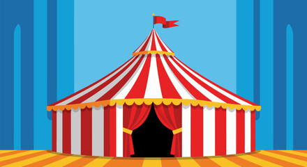 Brightly lit red and white striped circus tent vector illustration with yellow and orange striped floor and blue background curtains © DOLARRIZ JHON
