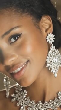 Attractive young black model demonstrate luxury brandname jewelry sets that shine. Diamond expensive earring on a beautiful model.