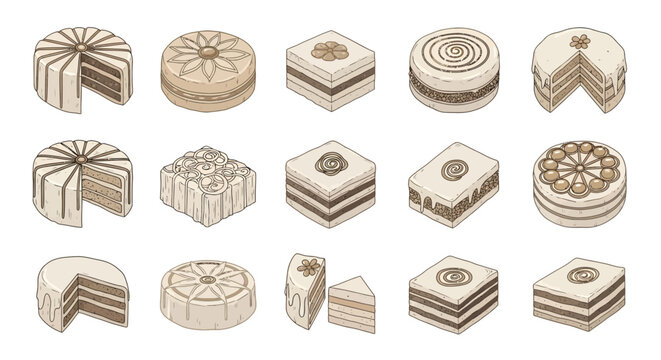Set of Isometric Cake and Pastry Illustrations with Hand Drawn Line Art Style