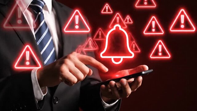Digital alert bell glowing red with multiple warning signs appearing around it as businessman touches smartphone screen showing technology notifications and warnings, abstract motion graphic
