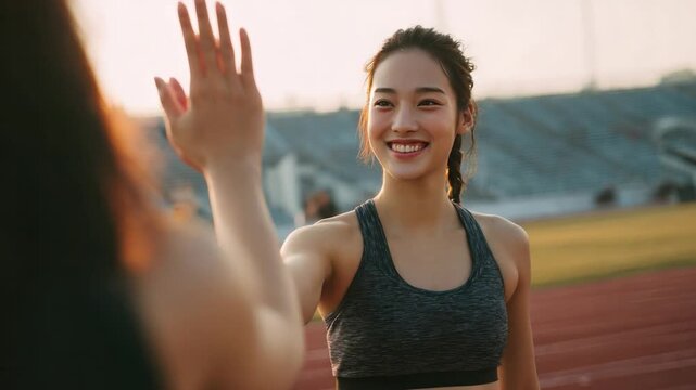 High Five on the Track: A radiant athlete exchanges a high-five with a friend, the sun's warm embrace painting the scene of camaraderie and triumph. 
