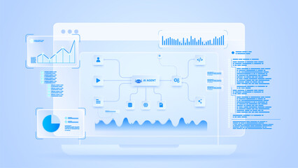 AI workflow automation artificial intelligence. ai agent network diagram dashboard machine learning connecting data processing, analytics panel, coding and automation system.