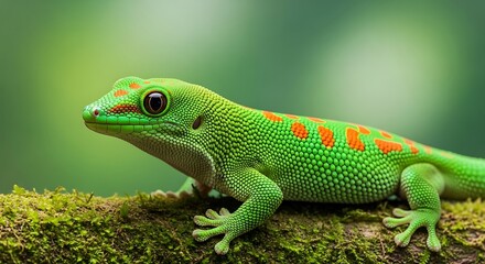 Fototapeta premium Vibrant Green Gecko with Orange Spots Perched on a Mossy Branch in Natural Sunlight