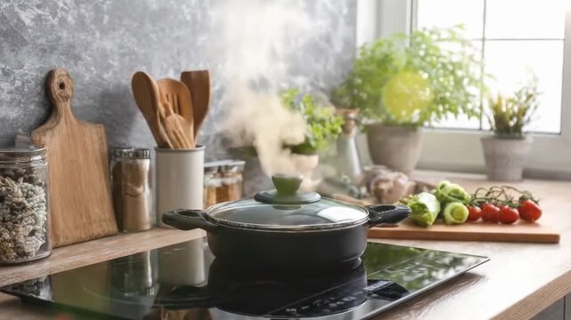 Delicious stew in a pan on a stove with steam coming out