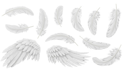 Angel white feathers realistic 3D vector illustration set isolated on transparent background © MstNadiya