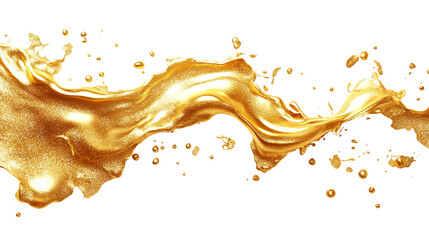Fototapeta premium Golden liquid splashing across a black background, with droplet details