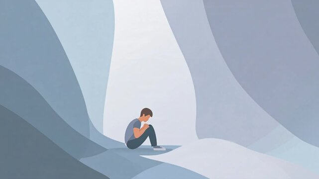 A teenager struggles with feelings of overwhelm related to teen mental health in a minimalist illustration