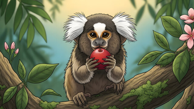 Illustration of a small Sagui marmoset monkey holding a red apple while sitting on a mossy tree branch