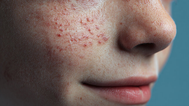 A close-up shot of a person's face, highlighting skin with imperfections and redness.