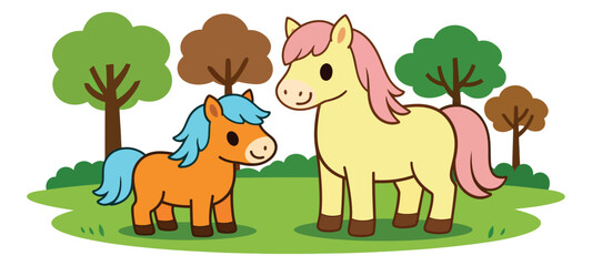 Obraz premium Cute line art cartoon illustration of two adorable ponies depicting them standing happily together in nature for kids' animal themes