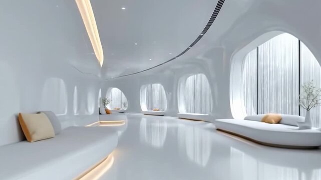 Modern futuristic interior of a spacious future house. Modern architecture and concept of modern living