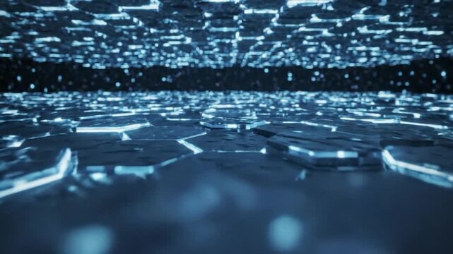 A futuristic, hexagonal floor with illuminated edges. Distant ceiling with scattered lights. Moody