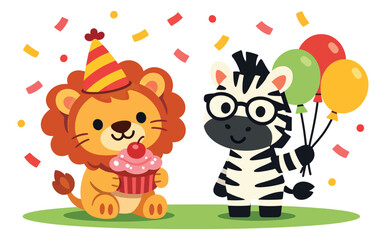 Fototapeta premium Cute cartoon illustration of a lion and zebra depicting a party with a cupcake and balloons for a birthday event