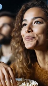 Beautiful young woman smiling and watching interesting movie on a big screen in movie theater. She eats popcorn and enjoys the show.