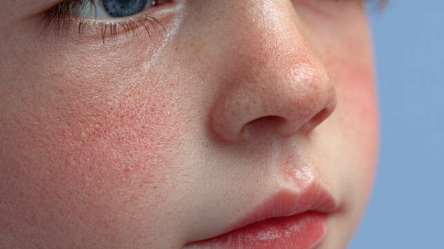 A Close-up portrait of a young person's face focusing on eye, nose, and lips 