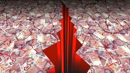 Economic illustration United Kingdom. 3d red huge crack. Scattered banknotes, denomination of 50 pounds. Cracks. Crisis and inflation. Business and finance. Money of England. Great Britain