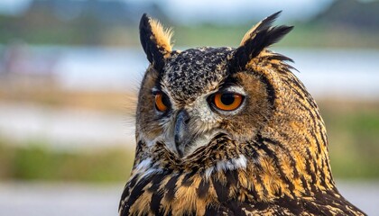 Close-up portrait of an owl, sharp focus, blurred background (bokeh), natural lighting, realistic, high resolution.