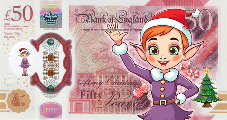 Holiday financial illustration. New plastic 50 pound banknote from England. Merry Christmas. Cartoon of cute, beautiful elf. Lady in festive costume, fir tree and sweets. Game funny comical money